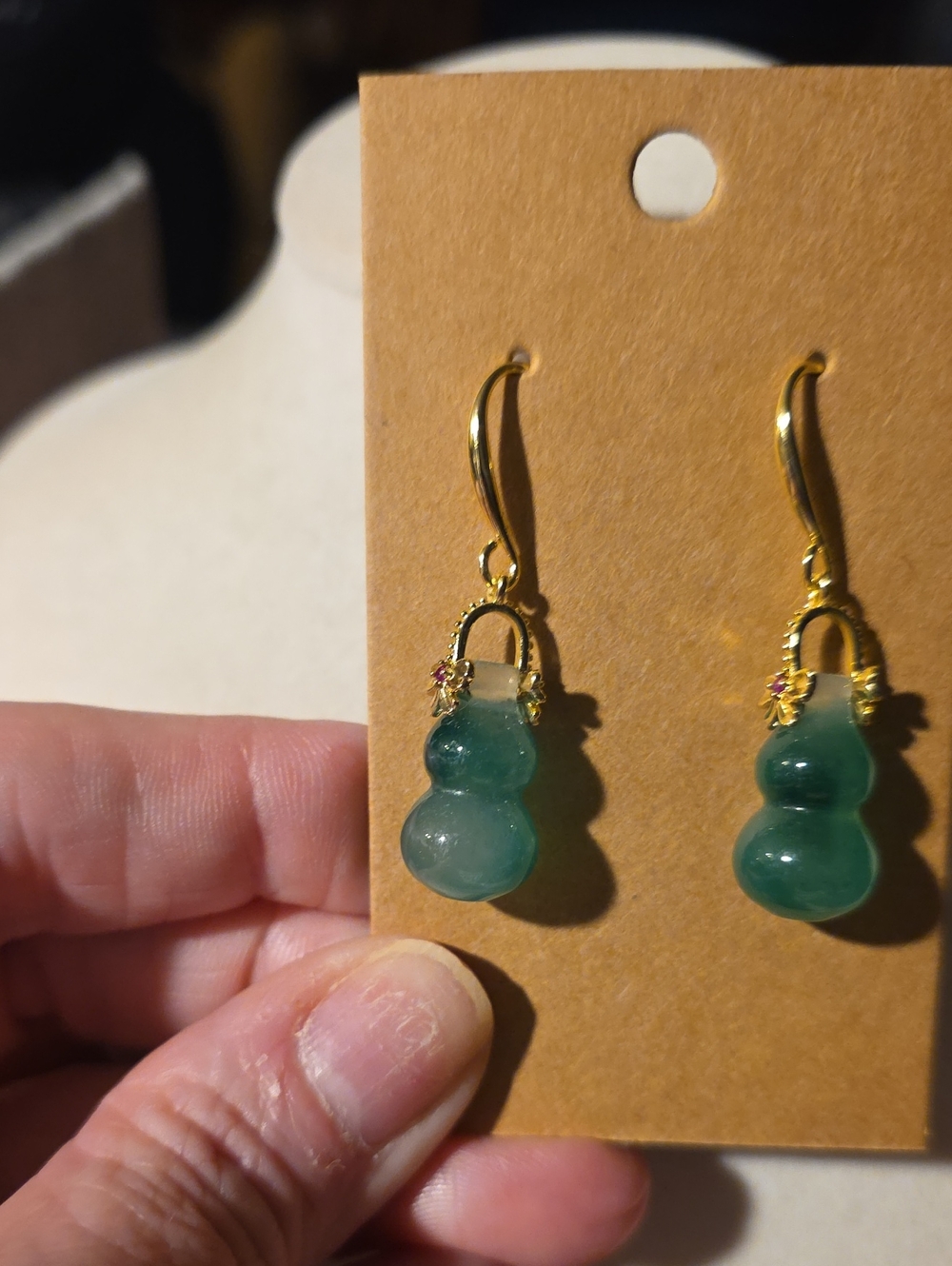 Gold-Tone Green Jade Gourd Drop Earrings - Elegant Women’s Jewelry